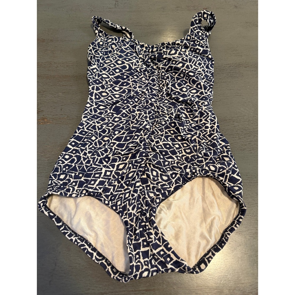 Maxine of Hollywood Navy White Geometric Ruched One Piece Swimsuit 10 MM3TC20S